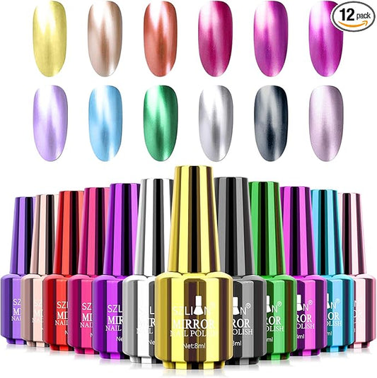Ownest 12 Colors Mirror Nail Polish Set, Mirror Effect Long Lasting Gorgeous Glossy Manicure Nail Art Decoration, Brilliant Manicure Effect Nail Lacquers Kit-12pcs