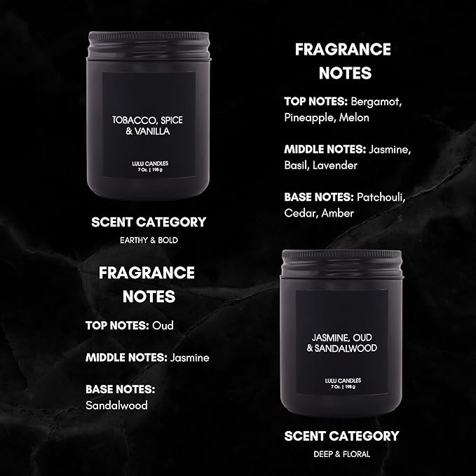 Lulu Candles | 4 Pack Scented Candles Gift Set | Gift Set for Home, Men, and Women | Jasmine, Oud & Sandalwood, Blood Orange & Grapefruit, Tobacco, Spice & Vanilla, and Palo Santo (4PCS - 7 Oz/Each)