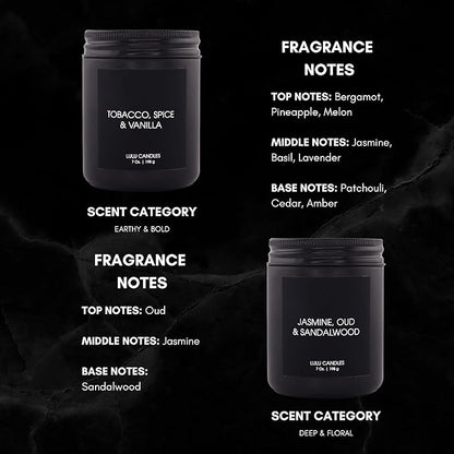 Lulu Candles | 4 Pack Scented Candles Gift Set | Gift Set for Home, Men, and Women | Jasmine, Oud & Sandalwood, Blood Orange & Grapefruit, Tobacco, Spice & Vanilla, and Palo Santo (4PCS - 7 Oz/Each)