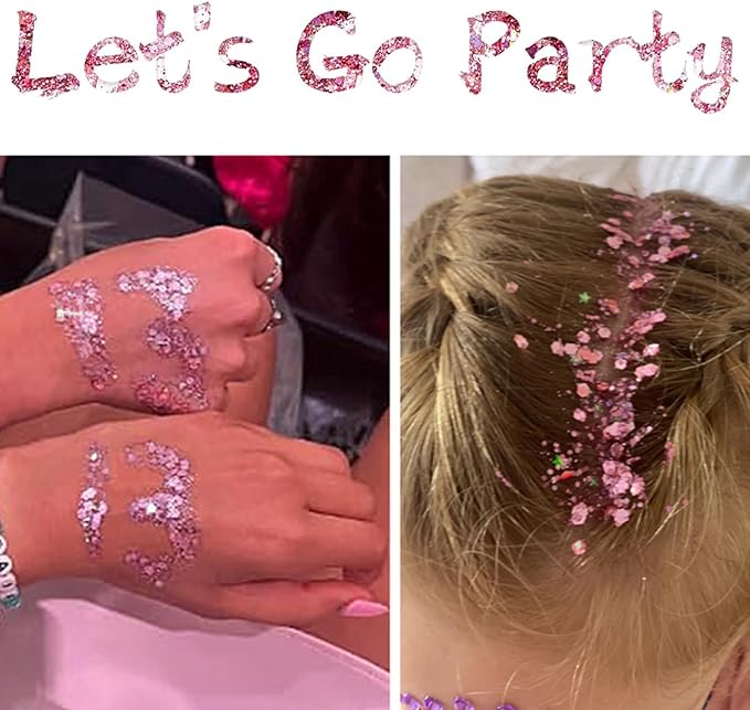 Go Ho Pink Face Body Glitter Gel,Singer Concerts Pink Face Paint Makeup Holographic Chunky Sequins Glitters for Lip/Hair/Nails,Music Disco Outfit for Woman,Festival Rave Accessories,52g