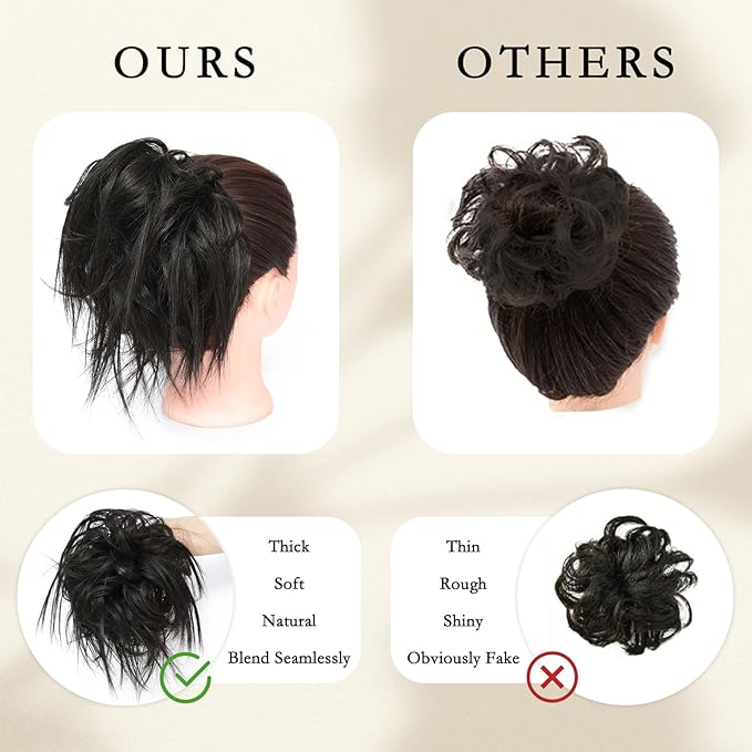 MORICA Tousled Updo Messy Bun Hair Piece Hair Extension Ponytail with Elastic Rubber Band Updo Wavy Bun Extensions Synthetic Hair Extensions Scrunchies Chignons Hairpiece for Women 1B