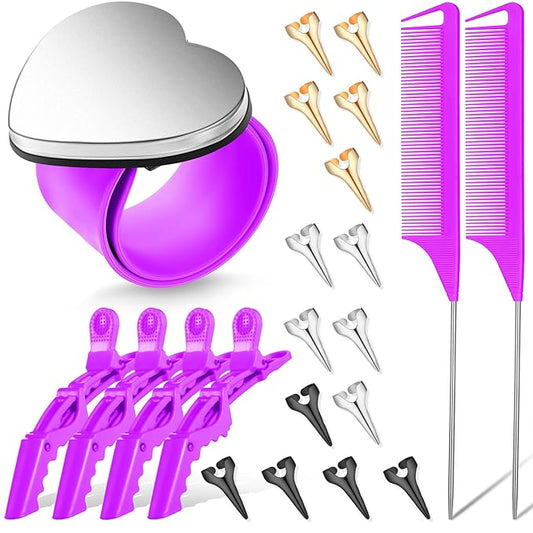 22 Pieces Magnetic Wrist Sewing Pincushion with Braiding Tools, Stainless Steel Pintail Rat Tail Comb, Wide Teeth Alligator Sectioning Clip, and Hair Parting Ring for Hair (Purple)