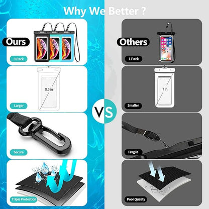 3 Pack Waterproof Cell Phone Pouch : Universal Water Proof Dry Bag with Neck Lanyard - Underwater Clear Cell Holder Large Protector for iPhone Samsung Galaxy for Beach Pool Swimming Kayaking