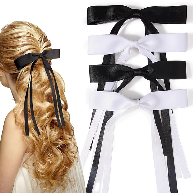 4 PCS Tassel Ribbon Bowknot Hair Clips With Long Tail for Women Girl Teens Kids, Solid Holder Fashion Bow Bowknot Hair Accessories Headwear Barrettes Claw(Black&White)