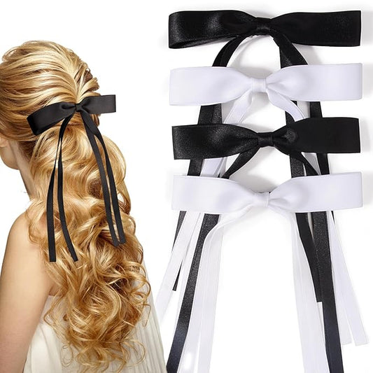 4 PCS Tassel Ribbon Bowknot Hair Clips With Long Tail for Women Girl Teens Kids, Solid Holder Fashion Bow Bowknot Hair Accessories Headwear Barrettes Claw(Black&White)