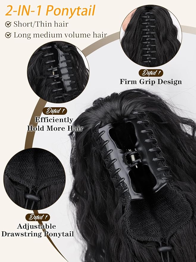 ORSUNCER Ponytail Extension Claw 30" Curly Pony Tail Clip in Hair Extensions Fluffy Natural Looking Synthetic Hairpiece for Women Black