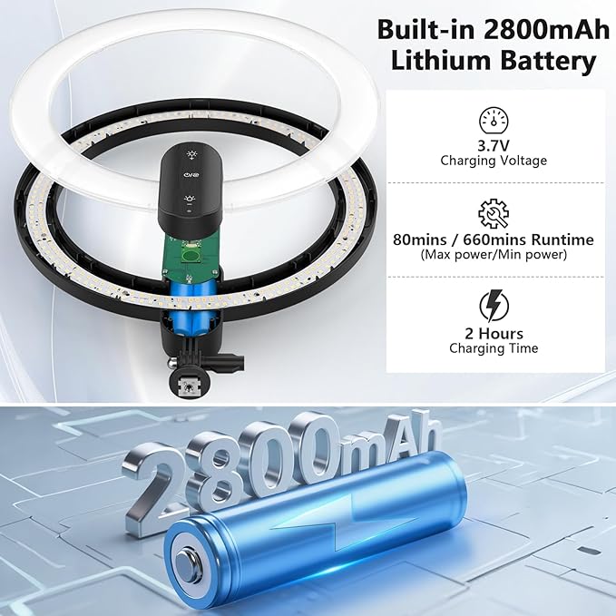 12" Selfie Ring Light with 63" Tripod Stand/Phone Holder, QEUOOIY 20W LED Circle Lights Dimmable 3000-6500K with Remote Control and Built-in Rechargeable Battery for Vlog, Makeup, YouTube, Camera
