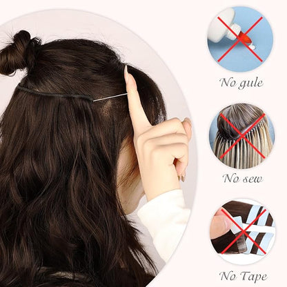 MORICA Invisible Wire Hair Extensions - 20 Inch Mixed Brown Long Wavy Synthetic Hairpiece with Transparent Wire Adjustable Size, 4 Secure Clips for Women