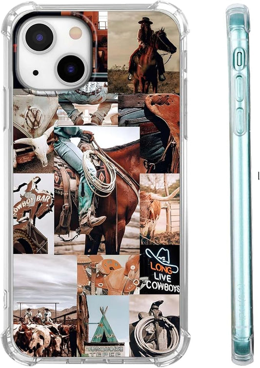 Case for iPhone 13 Mini with Cowboy Art Design,Cowgirl Riding Horse Wild West Scenery Pattern,Trendy Soft TPU Bumper Phone Cover(13mini,Western)