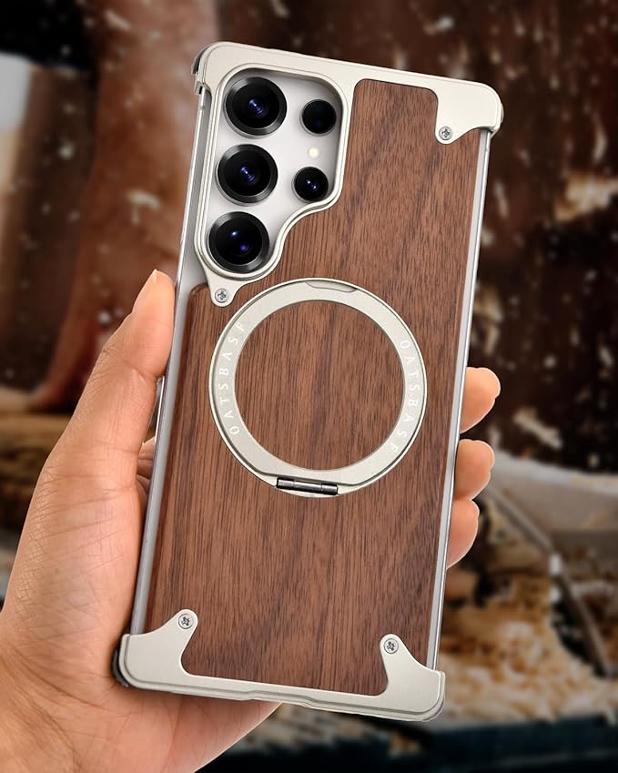 OATSBASF Magnetic Wood Case Compatible with Samsung Galaxy S25 Ultra, [Natural Wood & Aluminum] Shockproof Protective Cover Unique Wooden Case with 360° Ring Stand, Natural Titanium