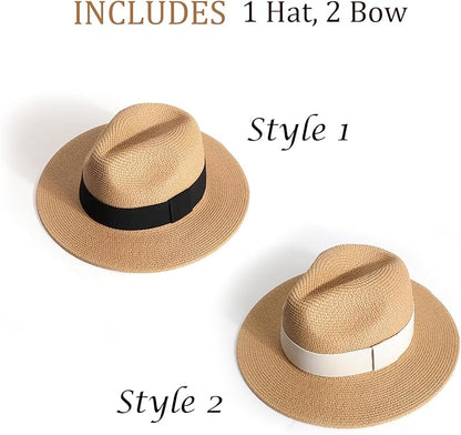 DRESHOW Women Straw Panama Hat Travel Fedora Beach Sun Hat Summer Wide Brim Straw Roll up Hat UPF 50+