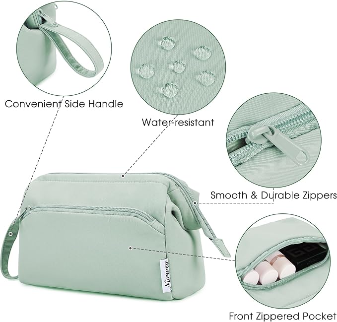 Narwey Wide-open Makeup Bag Women Girls, Travel Toiletry Bag for Women Cosmetic Bag Organizer Make up Bag with Compartments Toiletries Medicine Bag (Mint Green)