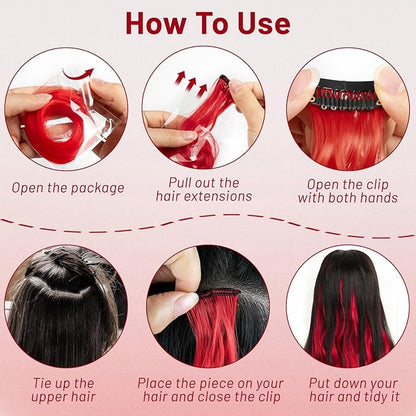 16 Pcs Colored Hair Extensions Curly Wavy Clip in Synthetic Hairpiece Streak for Girls Women Kids,Multi-colors Party Highlights Cosplay Festival Gift(Red)