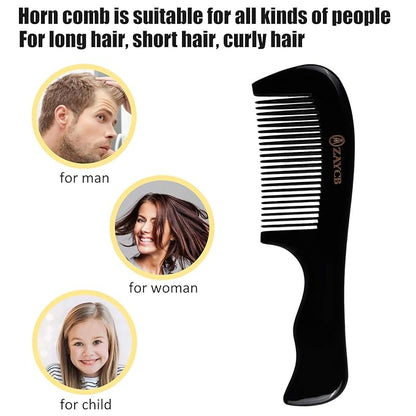Hair Comb, 100% Buffalo Horn Fine Tooth Comb, Anti-Static Hair Styling Detangling Comb for Men, Women and Kids, For All Hair Types (Black)