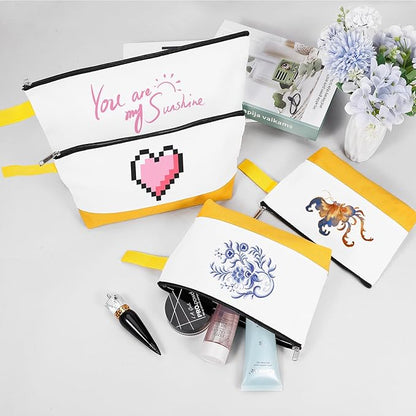 10 Pieces Cotton Canvas Makeup Bag with Bottom and Strap, Multi-Purpose Cosmetic Bag with Zipper Travel Toiletry Pouch, Blank DIY Craft Bag (White&Yellow, S)