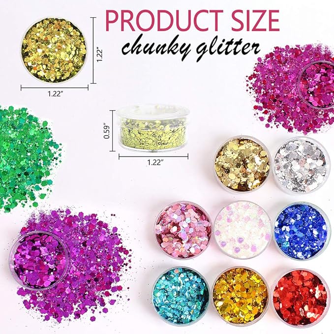 Holographic Chunky Sequins 12 Colors Mixed Laser Cosmetic Glitter for Face, Body, Eye, Hair, Nail Art, Lip Gloss - Festival Glitter Makeup with Different Hexagon Sizes (Metallic Mix)