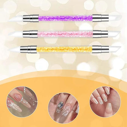 3 Pcs Nail Art Sculpture Pen, Dual Tipped Silicone Nail Tools, Silicone Head Acrylic Handle Nail Art Brushes, Rhinestone Nail Polish Carving Pen, Nail Art Tools for Home Salon(Yellow, Pink, Purple)
