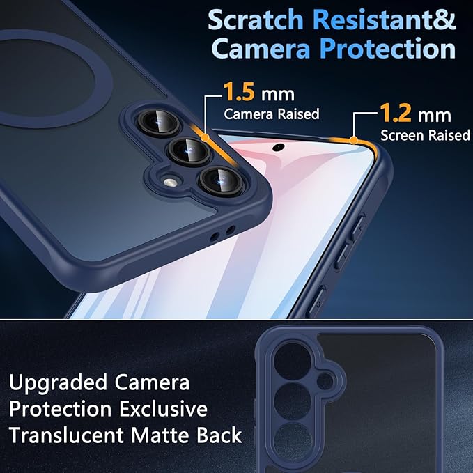 OWKEY for Samsung Galaxy S24 FE Case 6.7'', Magnetic Galaxy S24 FE Case for Magsafe with Tempered Screen Protector [Shockproof Military] Translucent Matte Bumper Phone Cover Samsung S24 FE 5G, Blue