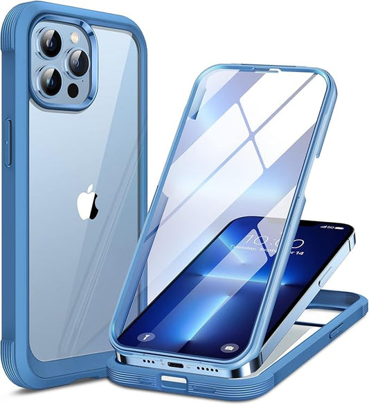 Miracase Glass iPhone 13 Pro Case 6.1 inch, 2023 New Full-Body Clear Bumper Case with Built-in 9H Tempered Glass Screen Protector for iPhone 13 Pro, Capri Blu