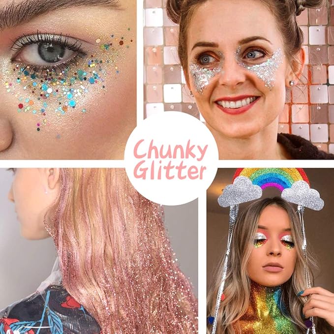45 Holographic Chunky Sequins & Fine Powder Glitter Mix, Iridescent Glitter Flakes for Face, Body, Eye, Nail Art & Resin Epoxy