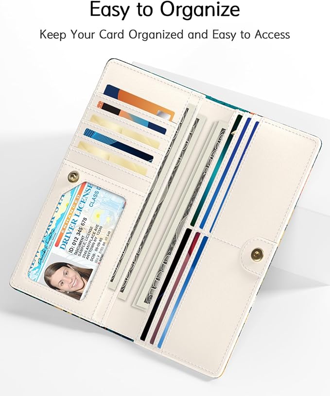 Nipichsha Womens Wallet, RFID Slim Wallets for Women, Thin Ladies Credit Card Holder Purse, Cute Leather Bifold Clutch Billfold with 11 Card Slots & ID Window, Flowers Cat
