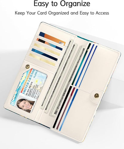Nipichsha Womens Wallet, RFID Slim Wallets for Women, Thin Ladies Credit Card Holder Purse, Cute Leather Bifold Clutch Billfold with 11 Card Slots & ID Window, Flowers Cat