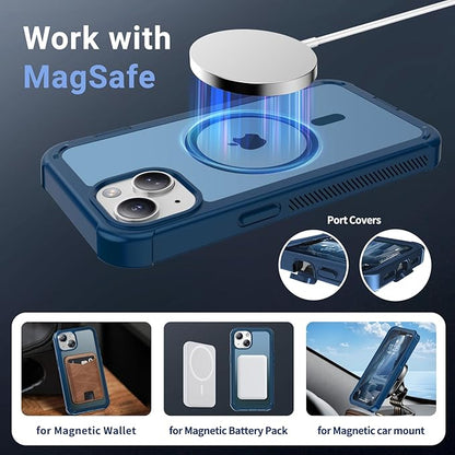 for iPhone 14 case, with [Compatible with MagSafe][Military Grade Drop Protection][Heavy Duty Protection][Non-Slip][Shockproof] with 2-Layer Durable Bumper Phone Case 6.1''-Deep Blue