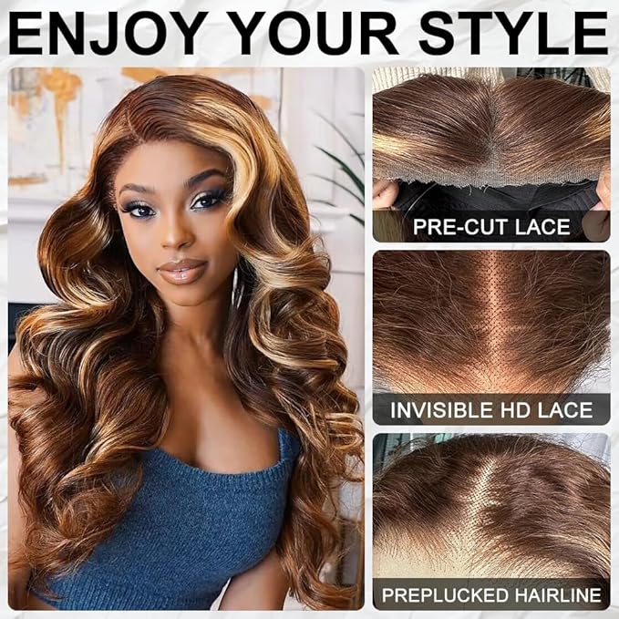 Ombre Lace Front Wig Human Hair 220% Density 4/27 Highlight Wig Human Hair Pre Everything 7x5 Highlight Body Wave Wigs Balayage Glueless Wig Blonde Highlight Wig For Women Brown And Blonde Wigs 22 In