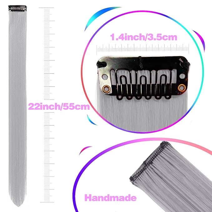 12 PCS Grey Hair Extensions Clip in, Colored Party Highlights Extension for Kids Girls Synthetic Hairpiece Straight 22 inch