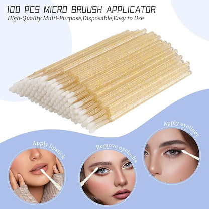 300 PCS Eyelash Extension Supplies Kit, Disposable Micro Swab,Crystal Eyebrow Spoolie Lash Brush, Lip Gloss Brush, Mascara Wand Applicator(colorful+gold)