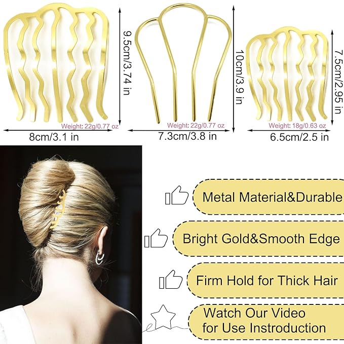 6 PCS Metal Hair Side Combs Pins Fork Clip Teeth Stick for Updo Bun, U Shape Hair Accessories for Vintage Hairstyle, Gold for Thick Hair