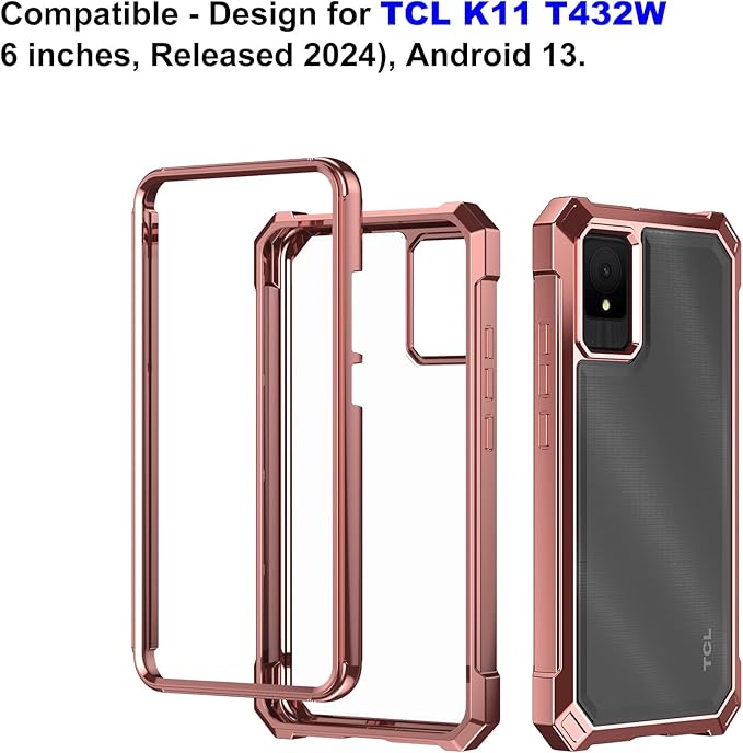 Ailiber for TCL K11 Case with Screen Protector, TCL K11 T432W Clear Case, Dual Layer Shockproof Bumper, Clear Transparent [Anti Yellowing], Slim Scratch-Resistant Cover-Rose Gold