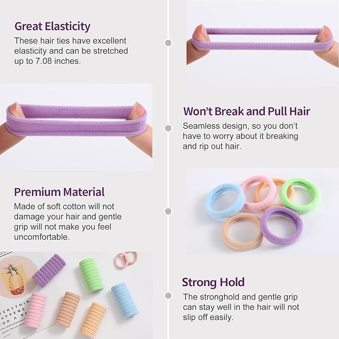 100 Pcs Thick Seamless Hair Ties, Ponytail Holders Hair Accessories No Damage for Thick Hair (Candy Colors)