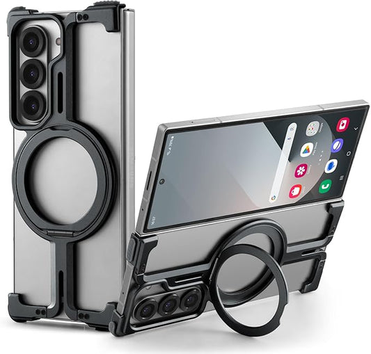 OATSBASF Frameless Metal Bumper Case for Samsung Galaxy Z Fold 6-360° Rotatable Magnetic Kickstand & Minimalist Design (Not for Heavy Drop Protection), Black