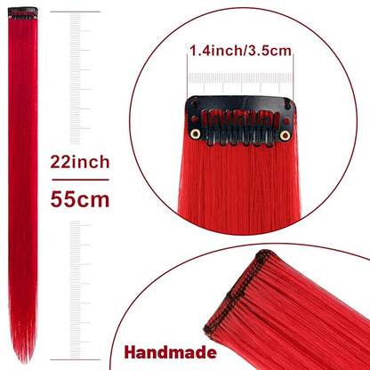 22 inch Colored Hair Extensions Straight Hairpiece, Colorful Hair Extensions Party Highlights Clip in Long Synthetic for Girls Women Kids Favor Gift(10 PCS Red)