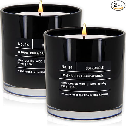 Lulu Candles | Jasmine, Oud & Sandalwood | Luxury Scented Soy Jar Candle | Hand Poured in The USA | Highly Scented & Long Lasting (9 Oz. 2 Pack)
