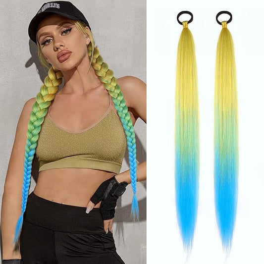 2 Pack Ponytail Extension with Elastic Tie Straight Sleek Wrap Around Braid Ponytail Yellow Blue Gradient 26 Inch (Yellow/Blue#)