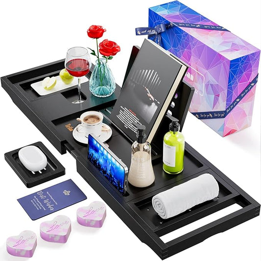 Yirilan Foldable Bathroom Caddy with Extending Side, Waterproof Fabric Bookshelf - Luxury Bath Tray for 1 or 2 Person