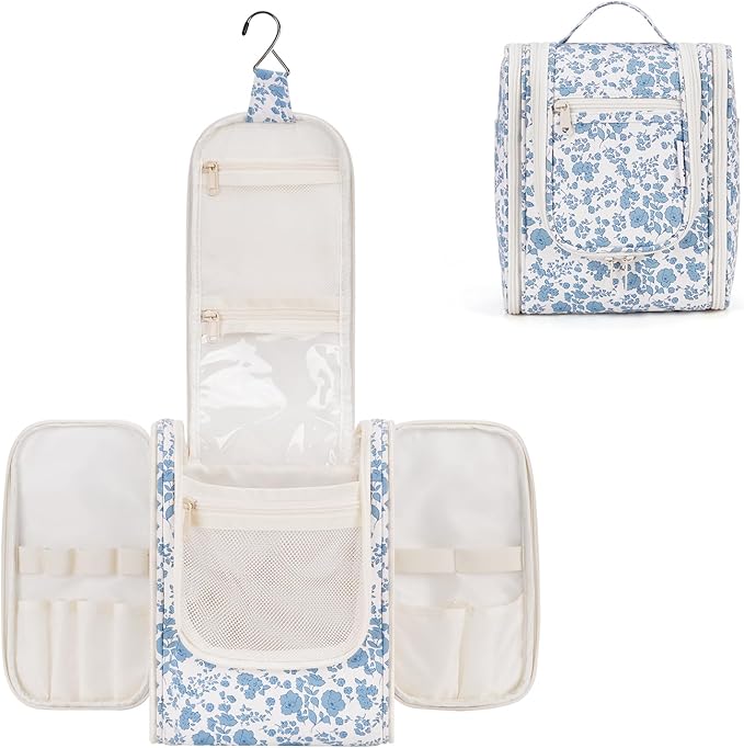 Narwey Hanging Toiletry Bag Women Travel Makeup Bag Organizer Toiletries Bag for Travel Size Essentials Accessories Cosmetics (Medium,Little Blue Flower)