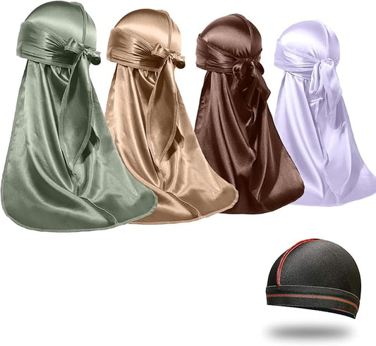 4PCS Silky Durags for Men Women 360 Waves with 1 Wave Cap, Silky Satin Durag Extra Long Tails