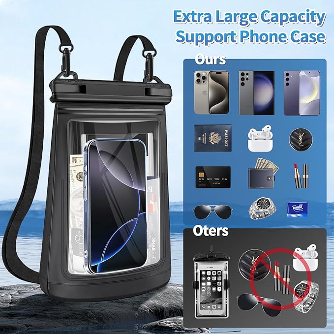 2L Large Waterproof Phone Pouch - [Oversized] [Floating] Waterproof Pouch for iPhone Galaxy Google and More, IPX8 Waterproof Dry Bag for Beach Vacation Belongings, Black