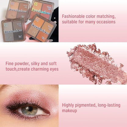 Eyeshadow Quads Glitter Matte Eyeshadow Palette, Nude Pink Dark Red Shimmer Sparkly Eyeshadow Palette Makeup, Daily Prom Eyeshadows Long-Lasting Waterproof Women Girls Eye Shadow 1#