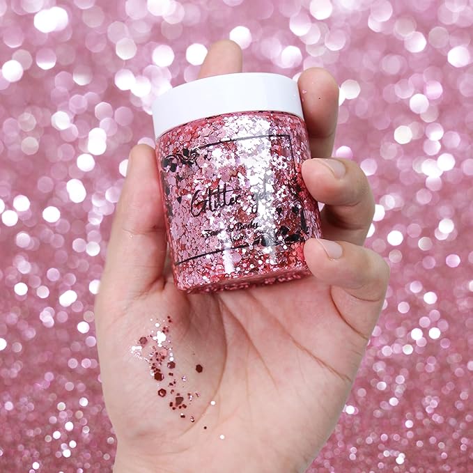 DAGEDA Pink Body Glitter, 100ml Chunky Glitter Rave Accessories for Festival, Face Glitter for Mermaid Makeup, Holographic Hair Glitter for Rave Party Large Capacity Glitter with Tools