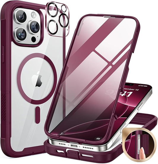 Miracase for iPhone 16 Pro Max Case 6.9'', [Bubble Free] Full-Body Bumper Phone case with Built-in Full Glass Screen &Lens Protector,Compatible with MagSafe,Drop Proof 16 Pro Max Cover,Plum