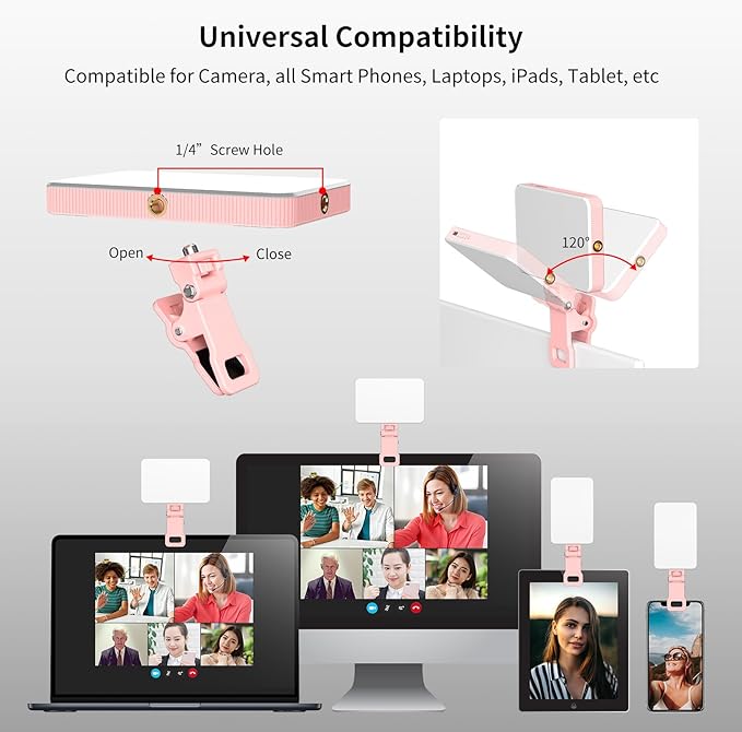 Newmowa Pink Rechargeable Selfie Light - Portable Clip-on Video Light for Phone/Laptop/Camera With Smart Sensor, 3 Modes, 2000mAh Battery for Selfie/Makeup/Video Conference/TikTok