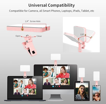 Newmowa Pink Rechargeable Selfie Light - Portable Clip-on Video Light for Phone/Laptop/Camera With Smart Sensor, 3 Modes, 2000mAh Battery for Selfie/Makeup/Video Conference/TikTok