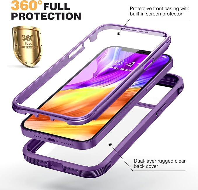 Miracase Designed for iPhone 12 Pro Max Case, Full Body Rugged Case with Built-in Touch Sensitive Anti-Scratch Screen Protector, Soft TPU Case Compatible with iPhone 12 Pro Max 6.7", Purple