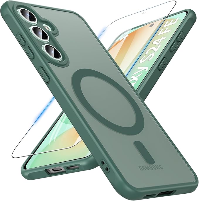 OWKEY for Samsung Galaxy S24 FE Case 6.7'', Magnetic Galaxy S24 FE Case for Magsafe with Tempered Screen Protector [Shockproof Military] Translucent Matte Bumper Phone Cover Samsung S24 FE 5G, Green