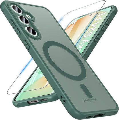 OWKEY for Samsung Galaxy S24 FE Case 6.7'', Magnetic Galaxy S24 FE Case for Magsafe with Tempered Screen Protector [Shockproof Military] Translucent Matte Bumper Phone Cover Samsung S24 FE 5G, Green
