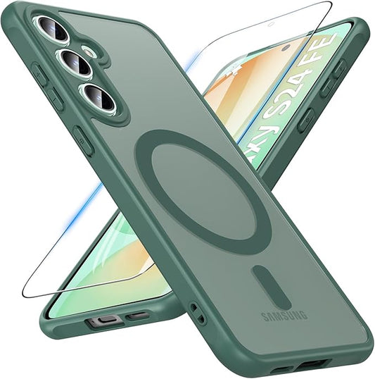 OWKEY for Samsung Galaxy S24 FE Case 6.7'', Magnetic Galaxy S24 FE Case for Magsafe with Tempered Screen Protector [Shockproof Military] Translucent Matte Bumper Phone Cover Samsung S24 FE 5G, Green